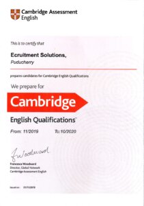 Cambridge English Authorised Partner Certificate – Ecruitment Solutions (ECS IELTS), Pondicherry