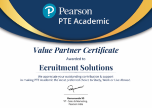 Pearson Value Partner Certificate awarded to Ecruitment Solutions – Official Authorised PTE Coaching Centre in Tamil Nadu